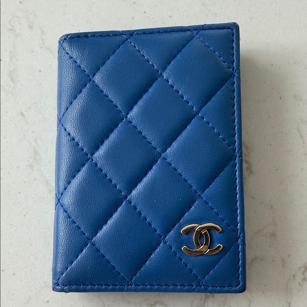 CHANEL Blue Quilted Card Wallet with Gold Logo